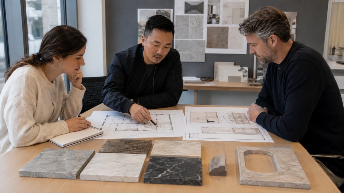 Hotel project stone drawings materials and fabrication requirements reviewed with a supplier